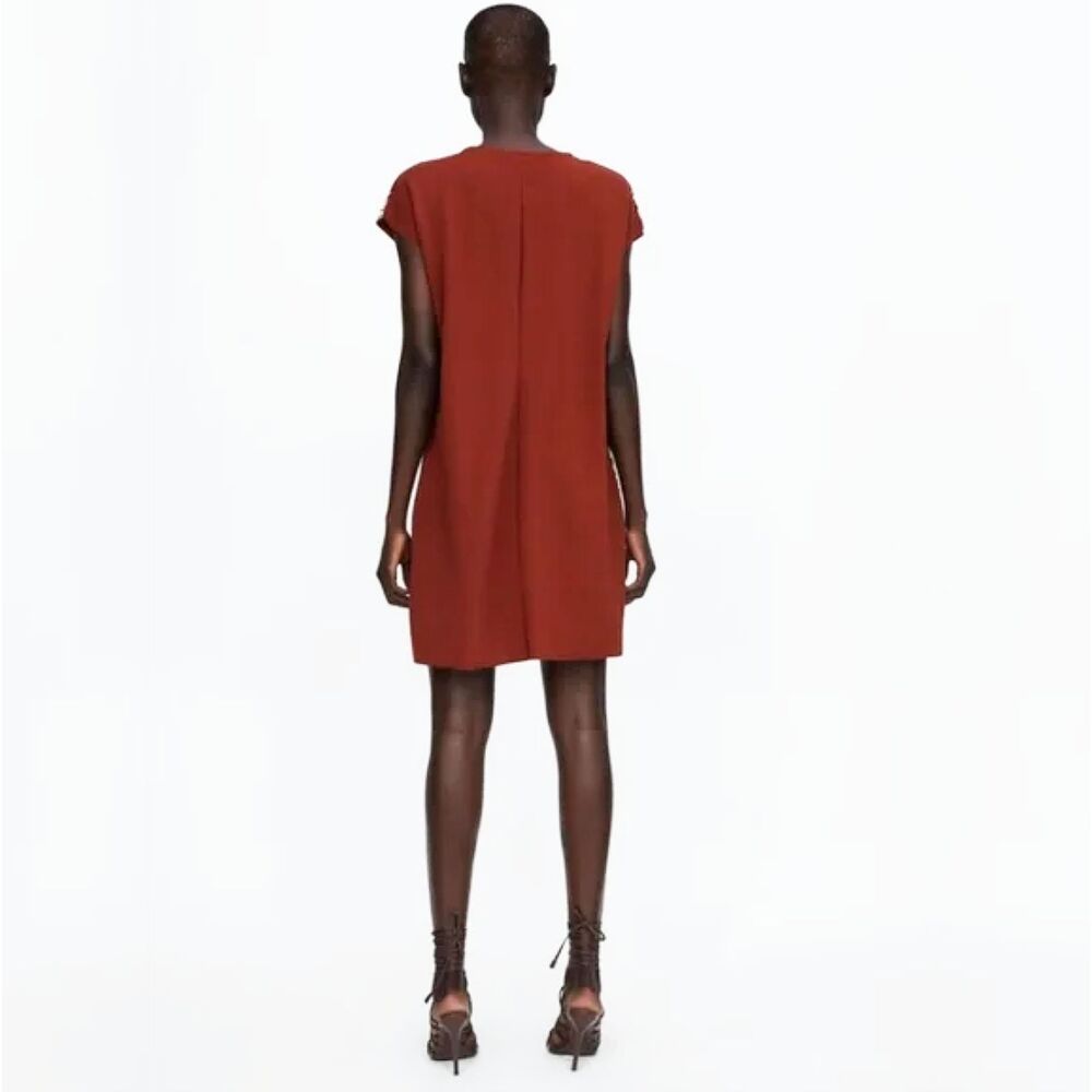 NWT ZARA Basic Embroidered Knit Sheath Dress (L) in Burnt Brick & White Paisley - Picture 2 of 14